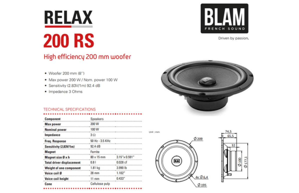 BLAM RELAX 200RS 200mm (8inch) Hi-Efficiency 3ohm, 2-Way Component Car Audio Speakers (PAIR)