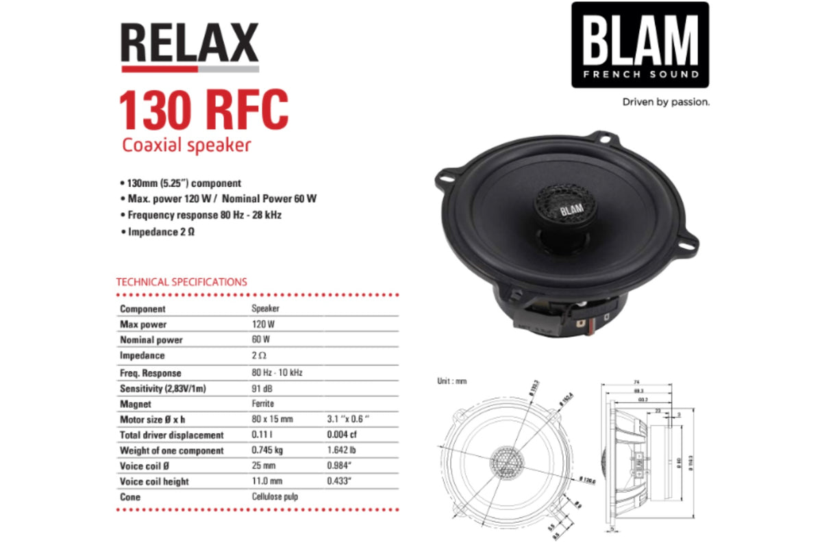 BLAM RELAX 130RFC 130mm (5.25inch) Hi-Efficiency 2ohm, 2-Way Coaxial Car Audio Speakers (PAIR)