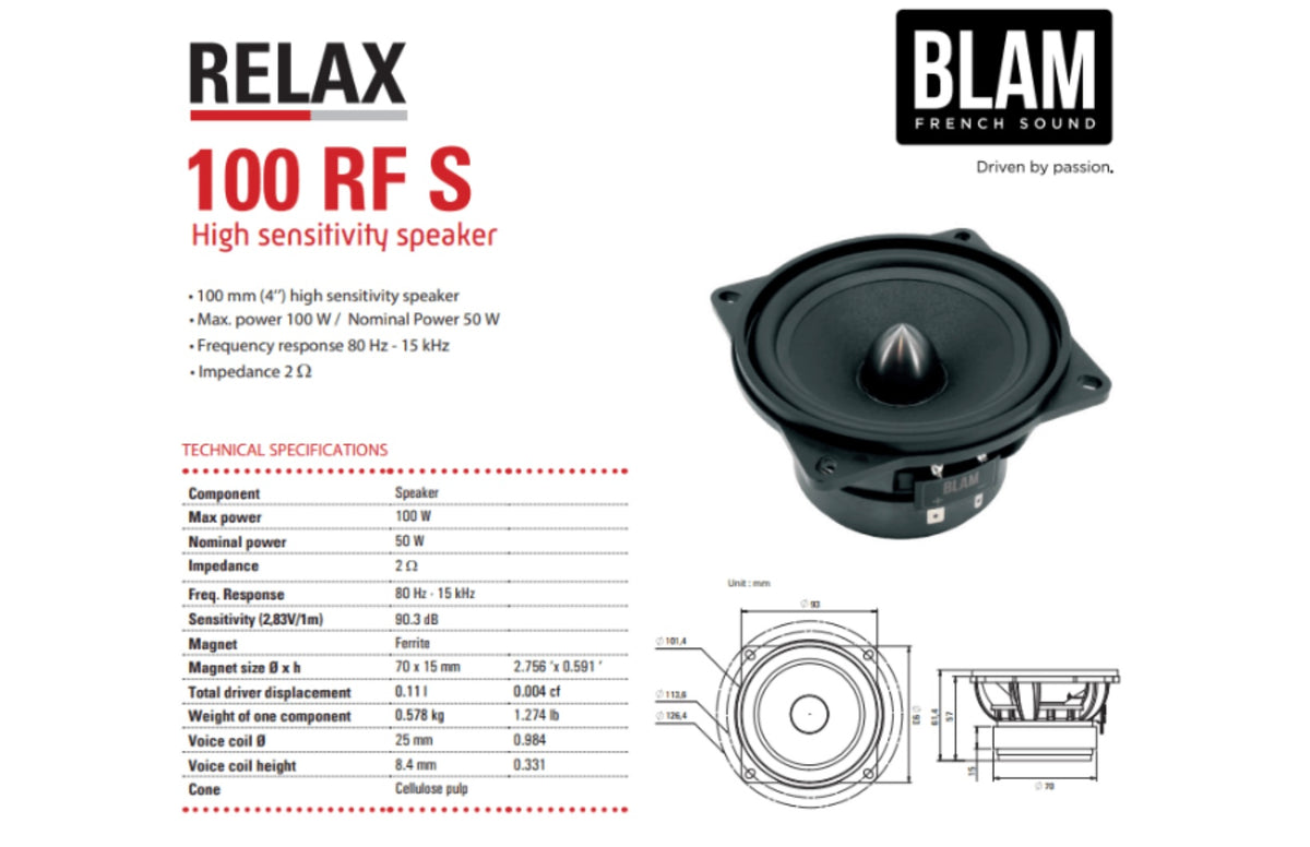 BLAM RELAX 100RS 100mm (4inch) Hi-Efficiency 2ohm, 2-Way Component Car Audio Speakers (PAIR)