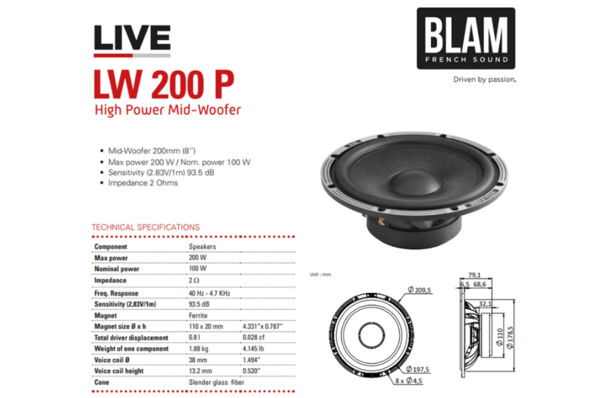 BLAM LIVE L200P - POWER 200mm (8 inch) 200W High-Performance 2-Way Component Speaker System
