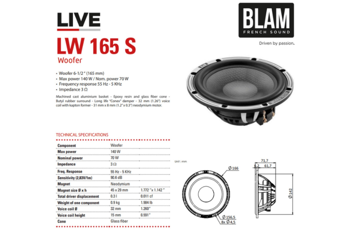 BLAM LIVE L165S - SOLO 165mm (6.5 inch) 140W ULTRA-SLIM 2-Way Component Speakers