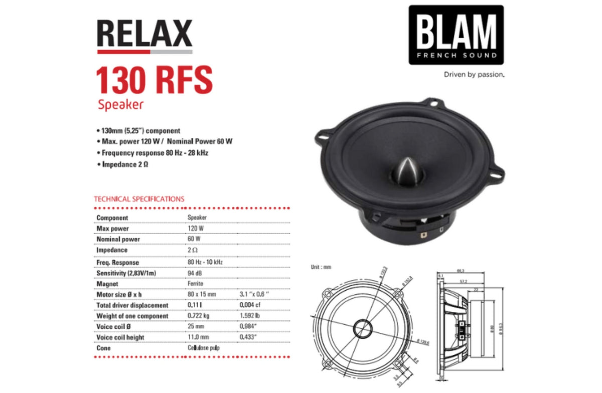 BLAM RELAX 130RFS 130mm (5.25inch) Hi-Efficiency 2ohm, 2-Way Component Car Audio Speakers (PAIR)