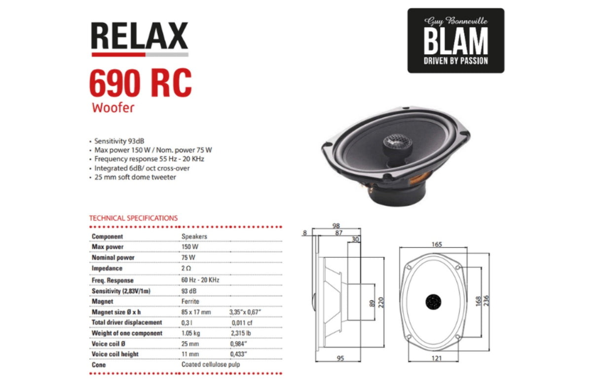 BLAM RELAX 690RC (6" x 9") 150W High-Efficiency 2-Way Coaxial Car Speakers