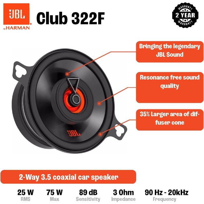 JBL Club 322F - Club Series 3.5 Inch 2-Way Car Coaxial Speakers